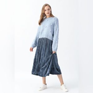 Velvet Pleated Midi Skirt in Dusty Blue